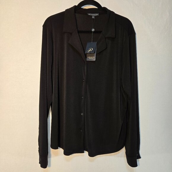 ADRIANNA PAPELL Solid Knit Long Sleeve Wing Full Button Black Shirt Size XXL NEW - Picture 1 of 16